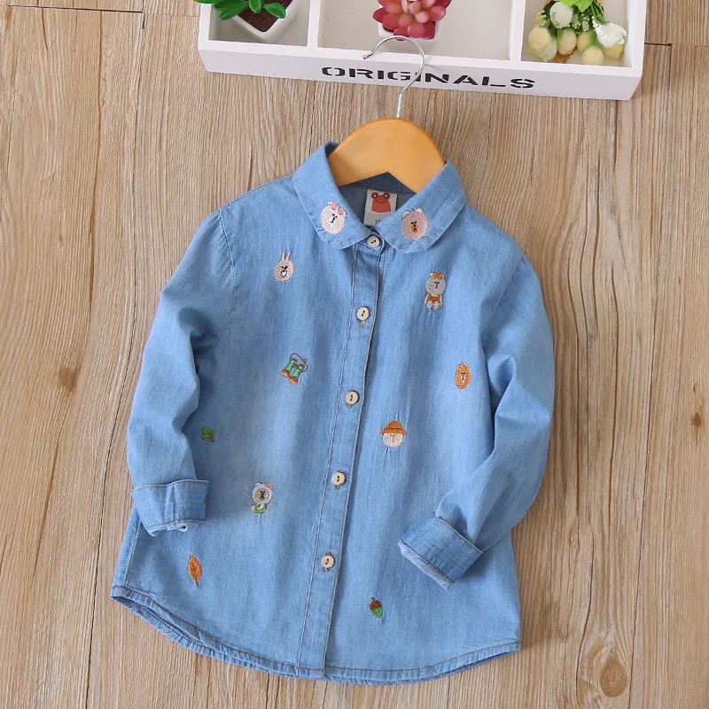 Blue Bear Джинсовая рубашка с вышивкой в виде лисы и кролика; детские джинсовые блузки с длинными рукавами; осенняя одежда для маленьких девочек; джинсовые рубашки; Топ - Цвет: Blue Bear