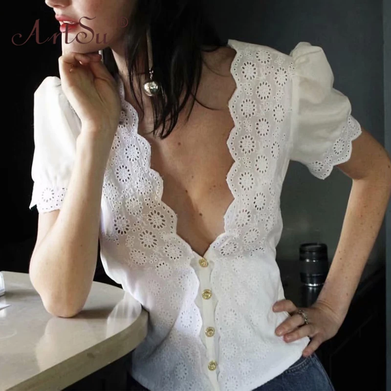 ArtSu Retro Boho Short Puff Sleeve Summer Lace Crochet Hollow Out Crop Top V-Neck Sexy Women White Shirt Backless Up Blouse | Женская