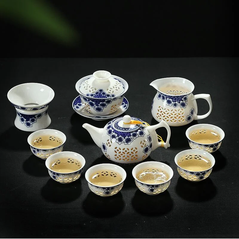 Чайный горшок 10 шт. чайный набор кунг фу сервиз с кристаллами льда синим и белым