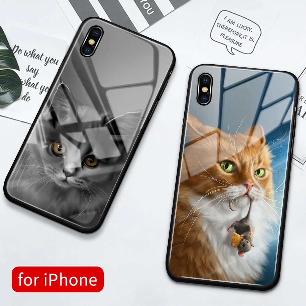 Стеклянный чехол для iPhone 11 с милым котом животным iphone 6 6s 7 8 Plus X XS Max XR pro max