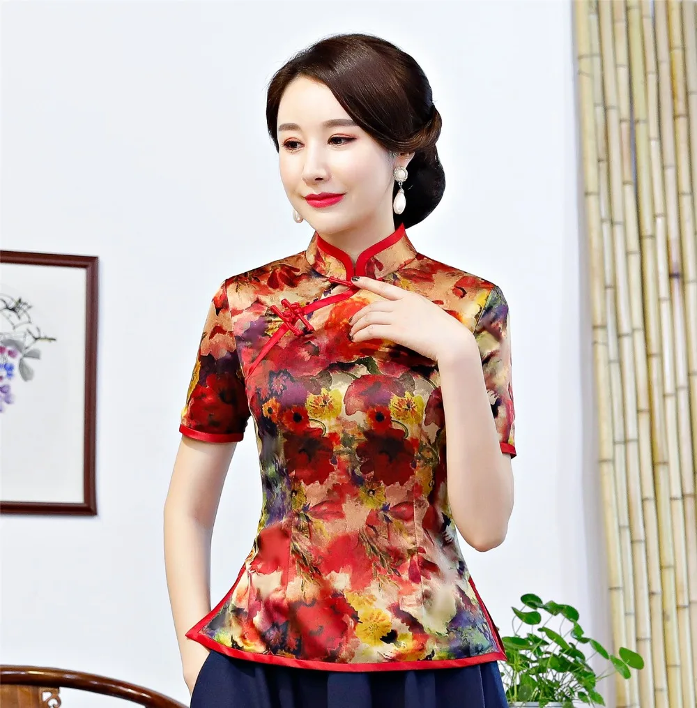 Шанхай история Китайский традиционный Топ цветочный Cheongsam топы китайская блузка Qipao рубашка с коротким рукавом Китайский Топ для женщин