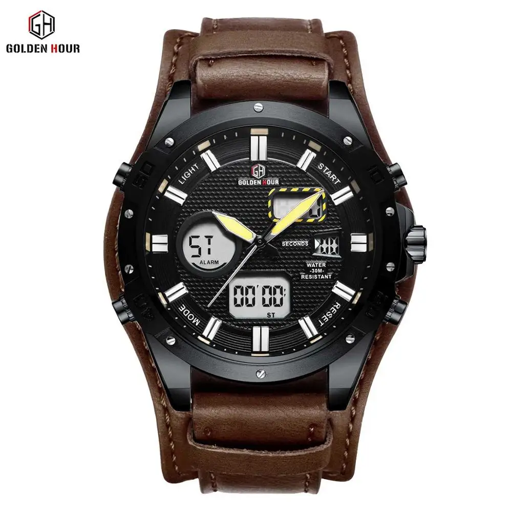 GOLDENHOUR Dual Time Цифровые Аналоговые спортивные часы мужские коричневый кожаный ремешок светильник светодиодный Будильник календарь дисплей водонепроницаемые часы - Цвет: DARKBROWN-BLACK
