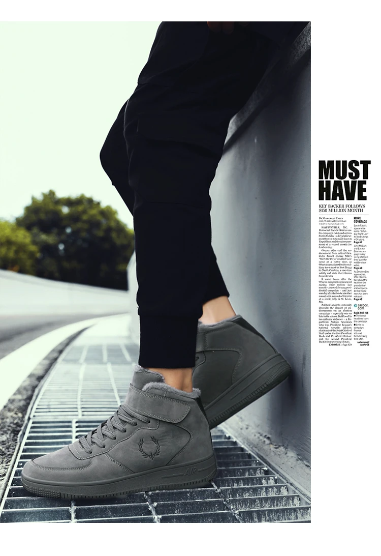Men's Flats Cotton Padded Skateboarding Shoes High-top Lace Up Leather Winter Warm Black Grey Fashion For Men Boys 6 inch Nubuck