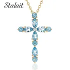 Модное ожерелье с подвеской-крестом для женщин золотого цвета с кубическим цирконием и синими кристаллами, ожерелья и подвески, свадебные украшения