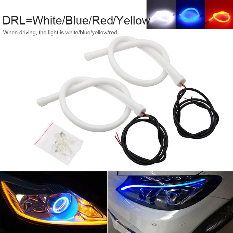 2 шт. гибкий движущаяся Автомобильная DRL ходовая указка поворота ангельский глаз белый Янтарный Светодиодный дневной ходовой светильник головной светильник 30 см 45 см 60 см