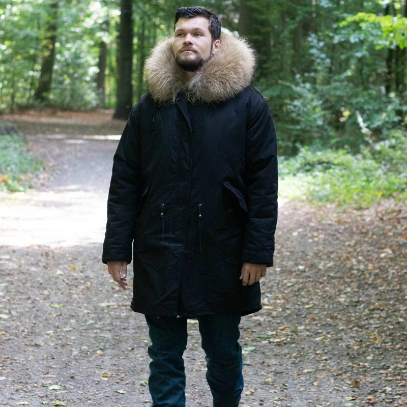 men black natural Брендовое пальто с натуральным мехом размера плюс, зимняя мужская куртка, парка с большим воротником из натурального меха енота, Толстая теплая верхняя одежда, уличная одежда - Цвет: men black natural