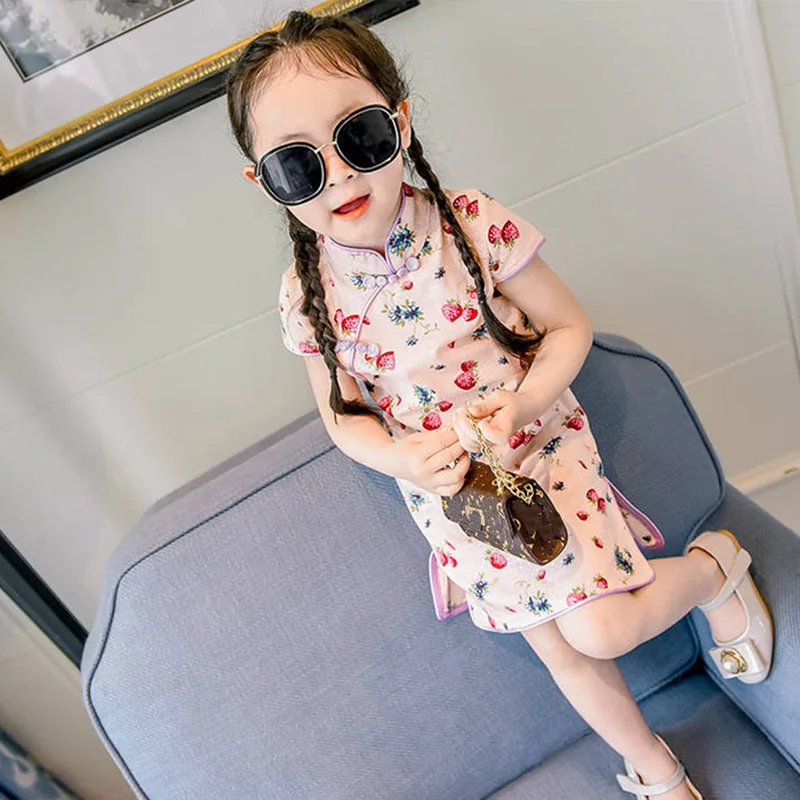 Китайское платье принцессы Cheongsam; летнее платье для маленьких девочек; детская одежда; милое хлопковое платье принцессы без рукавов с цветочным принтом