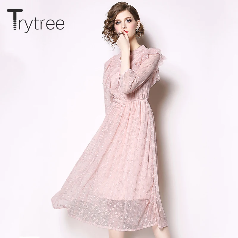 Trytree/весенне-летнее платье элегантное кружевное женское розовое с бантом и
