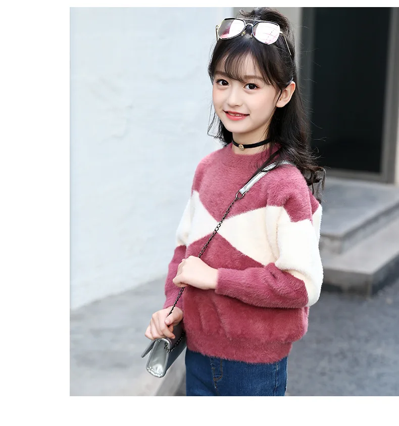 Teen Girl Sweater New Fashion Knit Thick O-neck Coat Contrasting Color Pullover Sweaters Cotton Knitwear Clothes 6 8 10 13Y