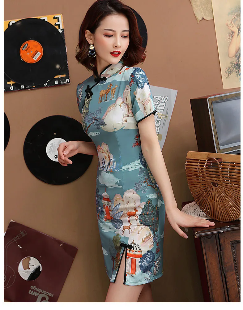 Sheng Coco Королевский синий Cheongsam платья короткий дизайн Лето Новинка Чонсам Qipao Китайский пасторальный стиль плотное платье XXL