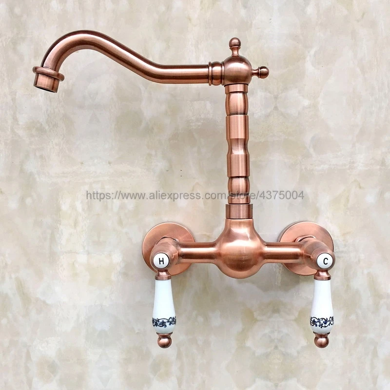 Античный красный медный смеситель для ванной комнаты настенный кран с двойной