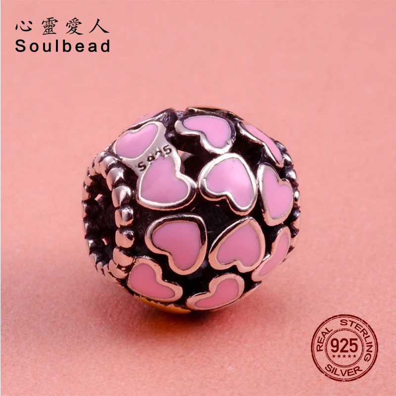 Soulbead Pink Charms Love 925 Original Gold Tone Beads with Enamel Heart Fit European Charm Bracelet Girlfriend Gift | Украшения и