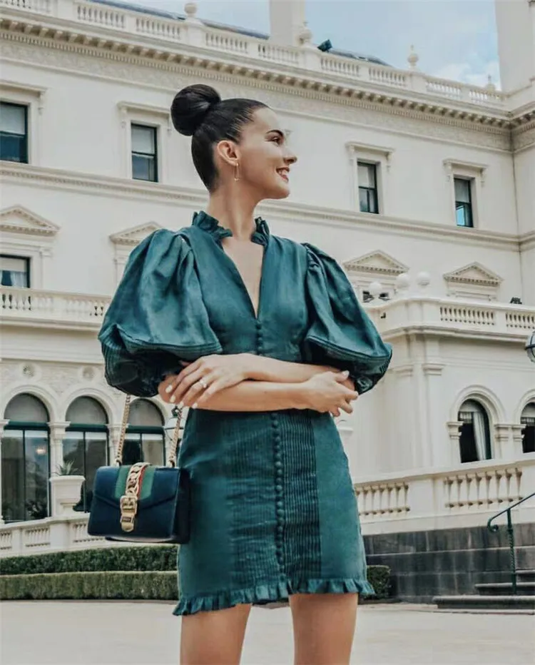 Tang Новое поступление 2019 Лето ретро повязка платье с пышными рукавами глубокий v