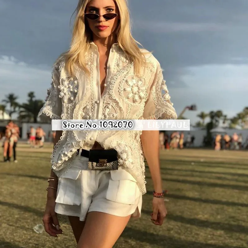 Women Golden Doily Blouse White Linen-silk Blend Oversized Hand Crafted Rouleau Trim Shirt |