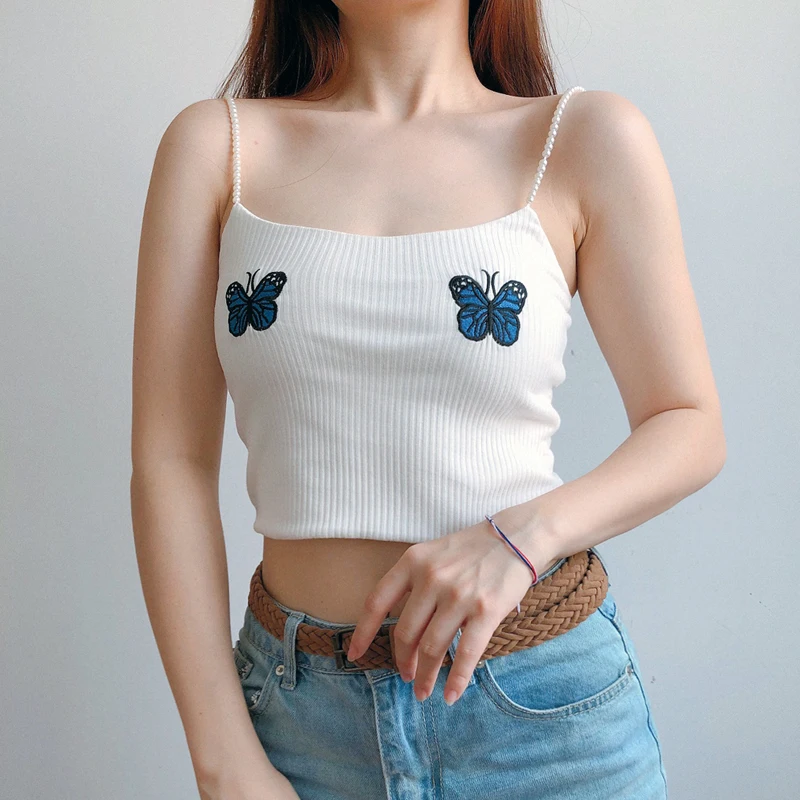 Женский укороченный топ с вышивкой бабочки и ремешками из бисера | Женская одежда