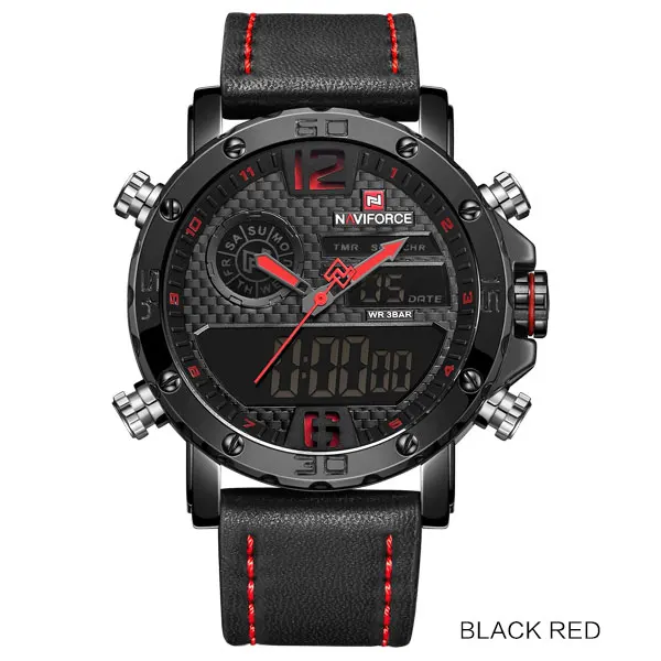 Black Red Модные часы NAVIFORCE, мужские, люксовый бренд, кварцевые наручные часы, мужские, повседневные, кожа, 30 м, водонепроницаемые, двойной дисплей, Relogio Masculino - Цвет: Black Red