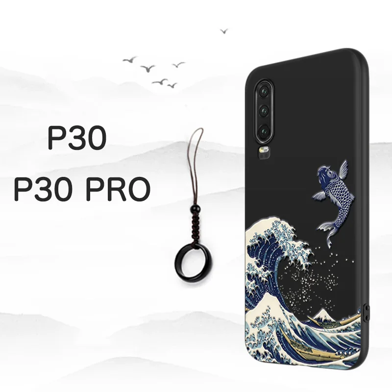 

Great Emboss Phone case For Huawei P30 P30 PRO cover Kanagawa Waves Carp Cranes 3D Giant relief case