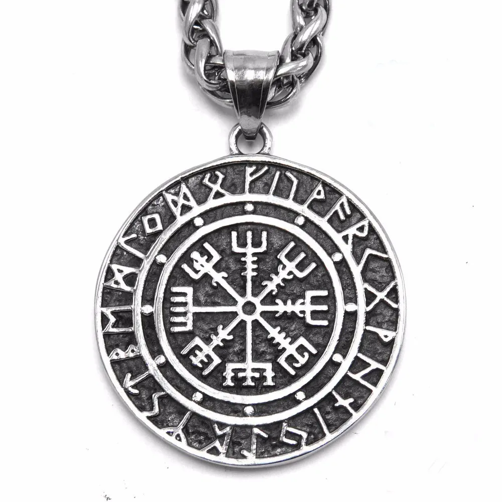 VEGVISIR с руническим кругом ожерелье для мужчин нержавеющая сталь Викинг ювелирные изделия с 24 дюймов - Окраска металла: SILVER
