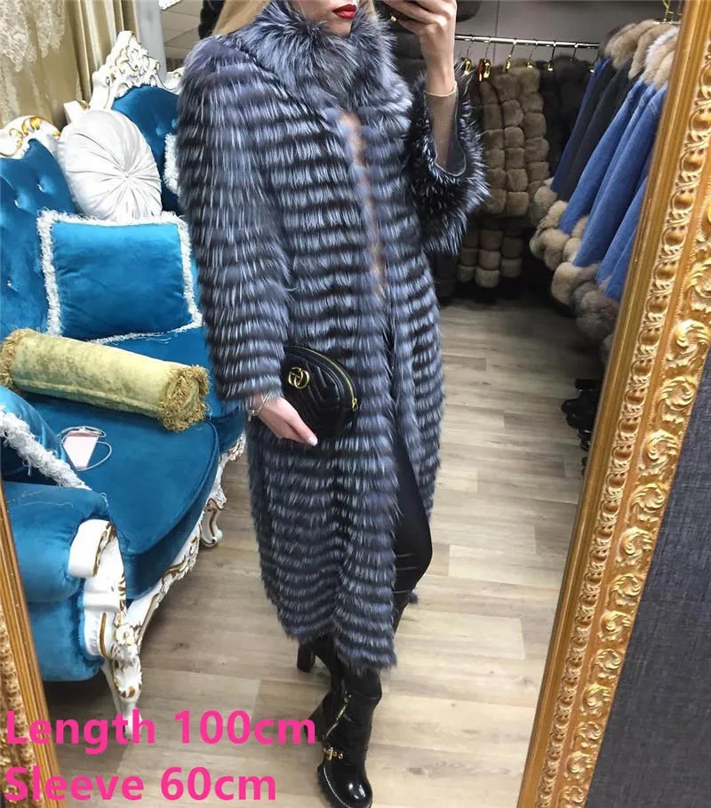 100cm long Новинка, женское длинное пальто из натурального серебристого лисьего меха, стоячий воротник, натуральный мех, Женское пальто из натурального Лисьего меха, настоящая зимняя модная FC-144 - Цвет: 100cm long