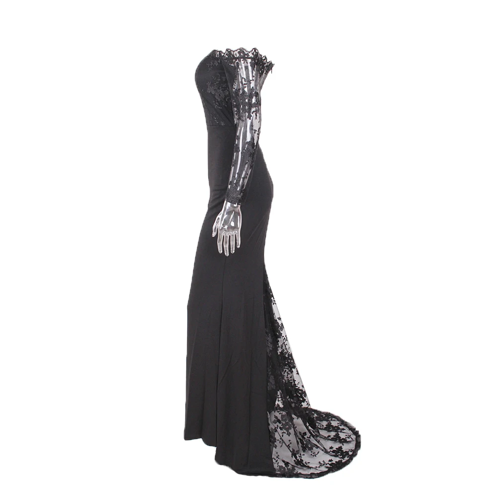 Кружевное Лоскутное Платье макси с длинными рукавами и открытыми плечами