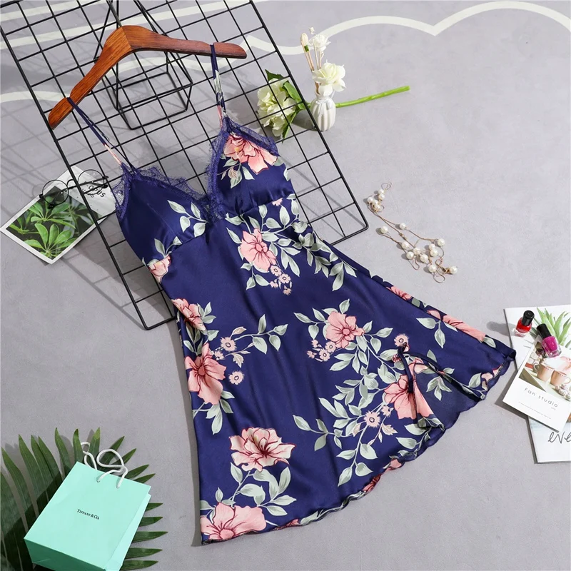 Nightdress Sexy Lingerie Lace Dress Female Nightgown Sleepwear Spandex print flower night gown sexy sleepshirts Nightie Women | Женская