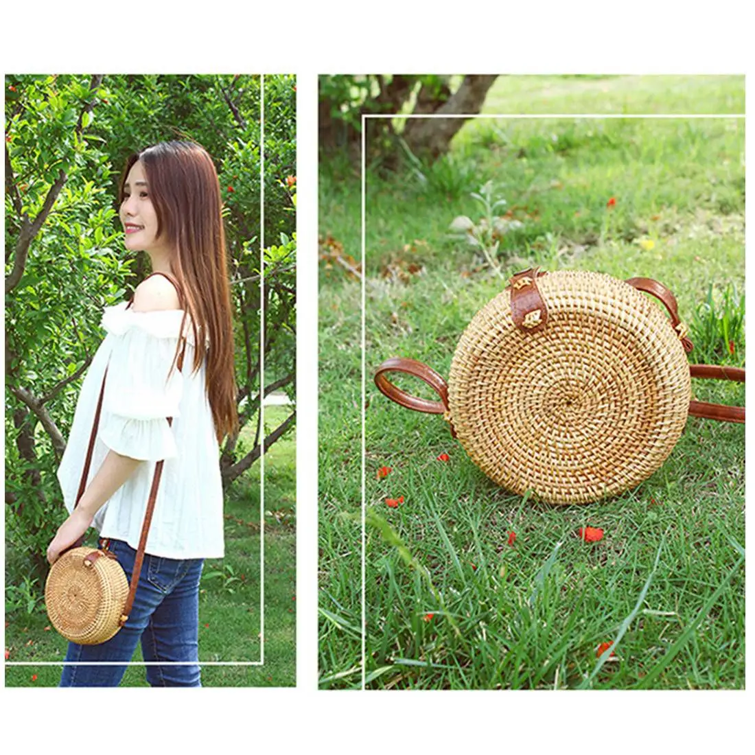 Женская плетеная Сумка из ротанга INS Пляжная Ретро-сумка с круглой кожаной