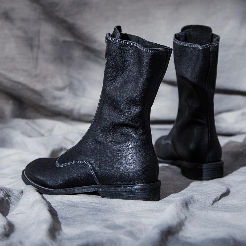 SIMLOVEYO/Zapatos de mujer; женские ботинки до середины икры; обувь на плоской подошве с круглым носком в стиле ретро; стильная ковбойская обувь на молнии; Цвет черный, белый, винный; Botas mujer; распродажа