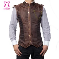 vintage brown striped stand collar overchest military steampunk jacket coat mens waistcoat gothic clothing men corset vest