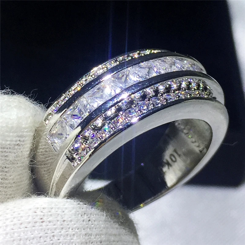 

Unique Engagement Wedding Band Rings for men silver color AAAAA zircon Stone White Gold Filled male Party ring jewelry