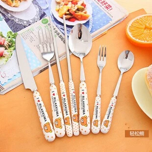 

Polka Dot Rilakkuma/KT/Doraemon Ceramic Handle Stainless Steel Spoon Fork Chopsticks Kit Creative Cartoon Tableware Dinner Set