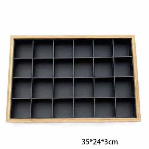 24-Grids-Black-PU SZanbana деревянный кожаный лоток для ювелирных изделий Кольцо Дисплей Показать чехол ожерелье держатель серьги Органайзер чехол для ювелирных изделий - Цвет: 24-Grids-Black-PU
