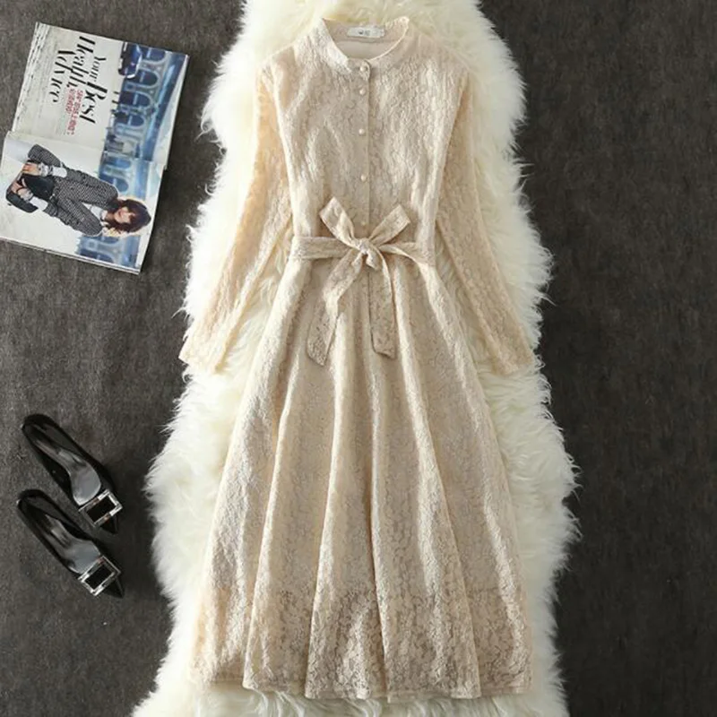2019 Spring Autumn Women Dress Vintage Long Sleeve Lace Elegant Slim Single-breasted Party Dresses Vestidos | Женская одежда