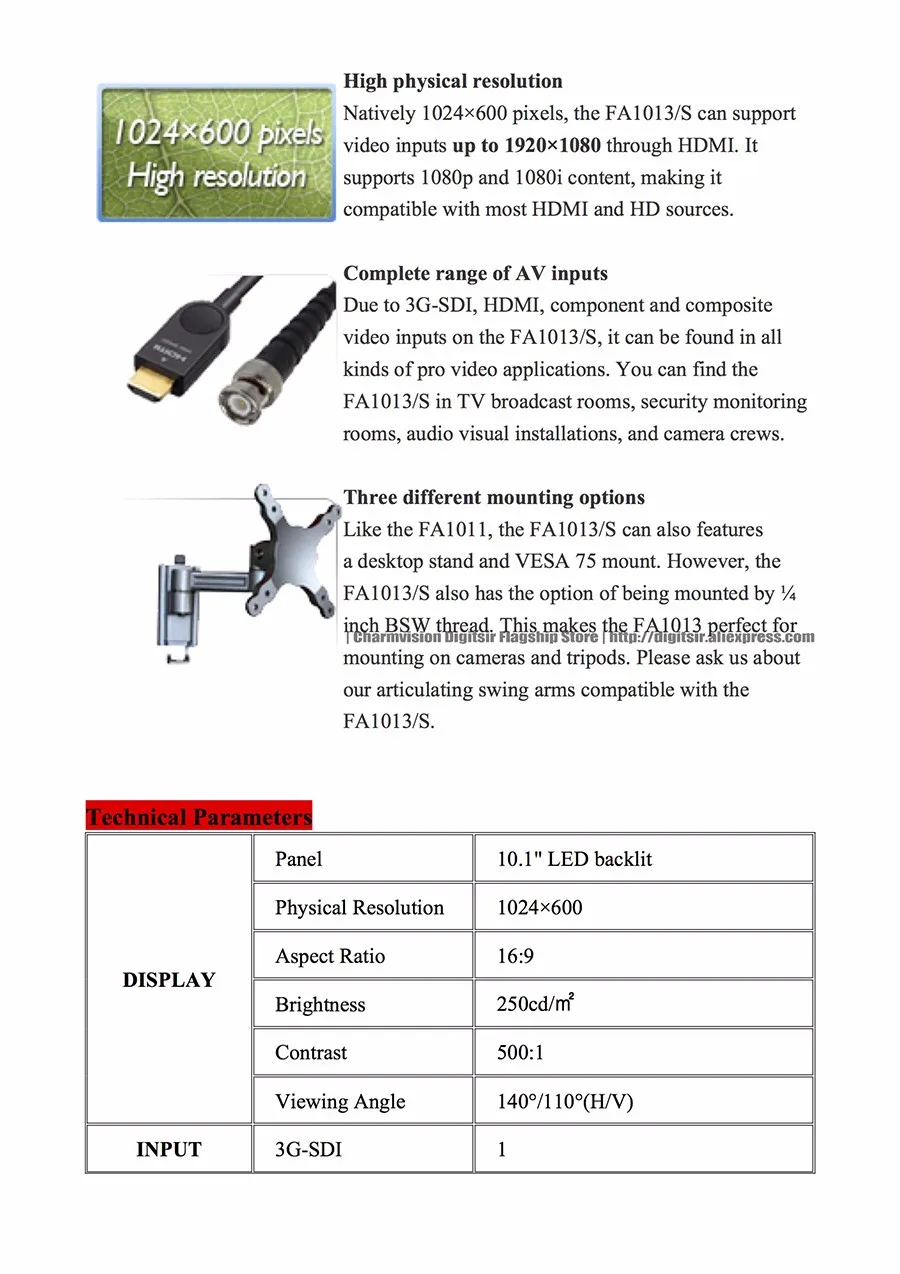 LILLIPUT FA1013/S 10," TFT светодиодный HDMI SDI монитор с AV YPbPr настольным базовым кронштейном для ПК DVR DC DV камера
