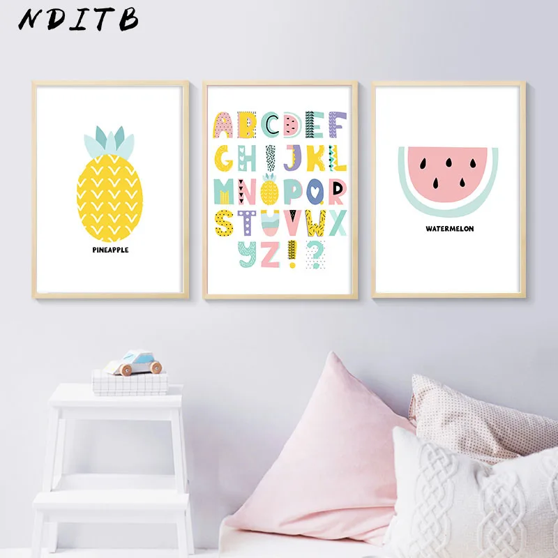 A to Z Алфавит Холст Плакаты мультфильм фрукты Nurser печать на стене искусство