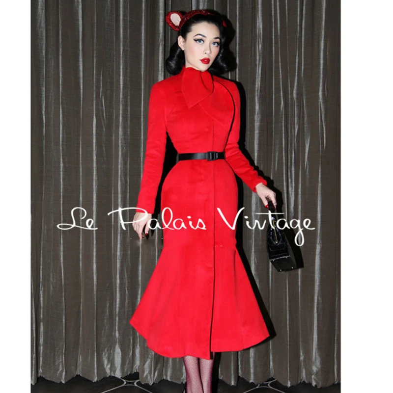 

FREE SHIPPING Le Palais Vintage limited edition chinese red retro elegant slim tail long red cashmere coat/70% cashmere overcoat
