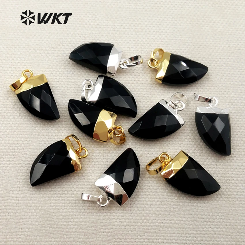 

WT-P1271 Wholesale Fashion Natural Black Onyx Pendant With Hat Black Quartz Stone Tooth Shape Pendant For Jewelry DIY Making