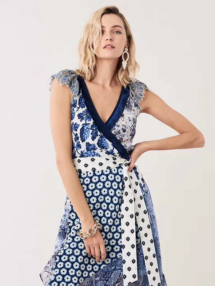 VERDEJULIAY Runway Summer Dress Women Luxury New Fashion Patchwork Dot Flower Print V-Neck Irregular Sexy Dress Vestidos