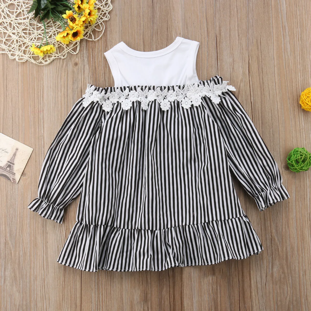 Casual Newborn Infant Kids Baby Girls Clothes Off Shoulder A-line Princess Dress Boutique Long Sleeve Striped T-shirt | Детская одежда