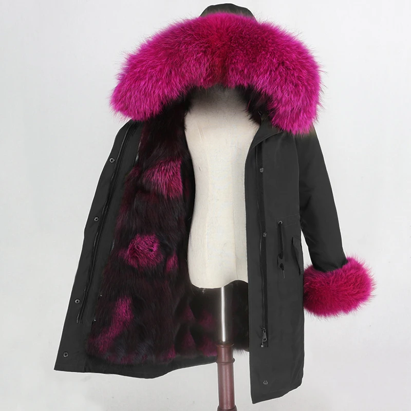 black rose Водонепроницаемая парка OFTBUY, длинная верхняя одежда, пальто с натуральным мехом, зимняя куртка для женщин, Воротник из меха енота, капюшон, подкладка из лисьего меха, теплая, съемная - Цвет: black rose