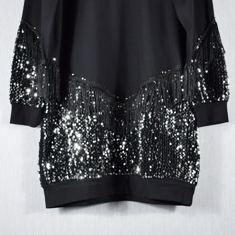 Круглый вырез модное лоскутное блестящее весеннее платье черное BlingBling Fringe Pullolvers