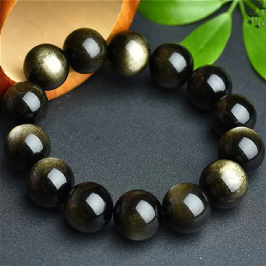 16мм Большой Подлинная Природные обсидиана Золотые круглые бусины браслеты для