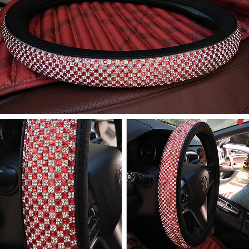 red with white Новые роскошные хрустальные Чехлы рулевого колеса автомобиля для женщин девушек кожаные Стразы покрытые рулевым колесом аксессуары для интерьера - Название цвета: red with white
