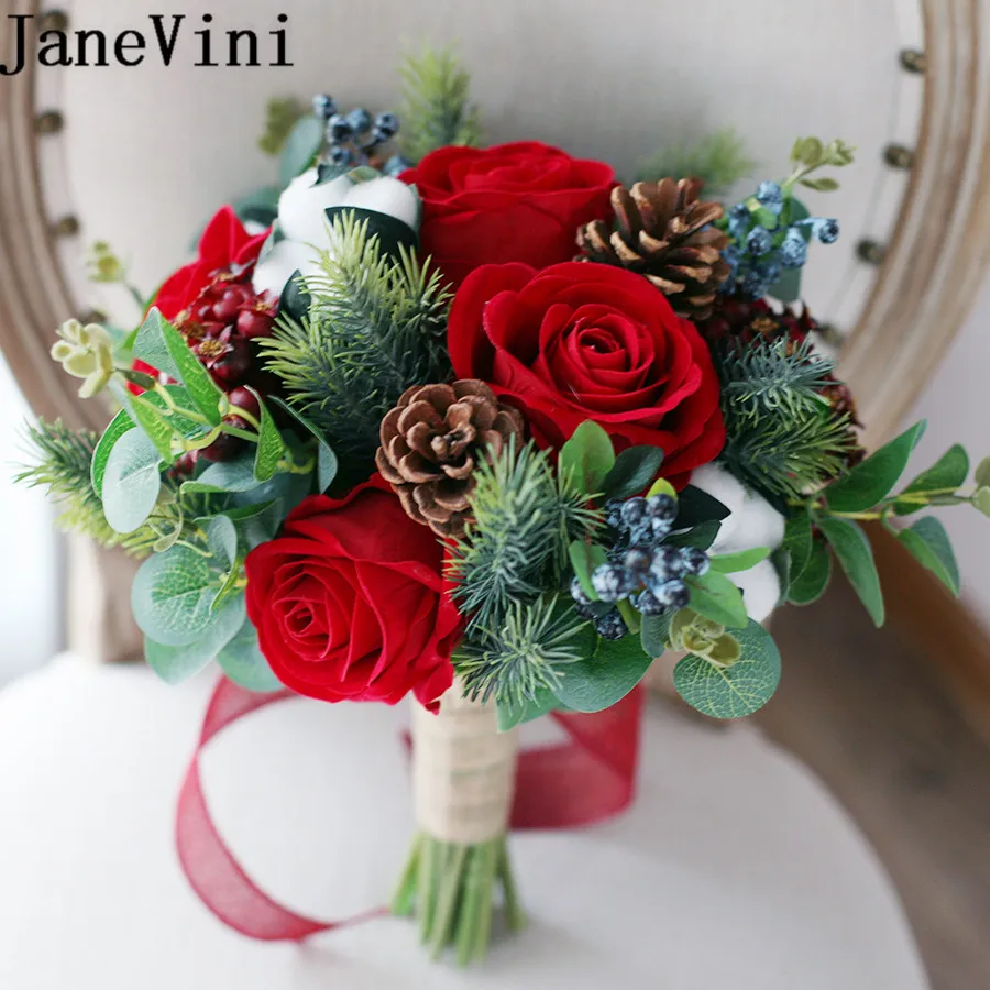 JaneVini Vintage Red Silk Flower Bouquet Boho Bridal Bouquets Artificial Cotton Pine Cone Flowers for Wedding Bridesmaid |