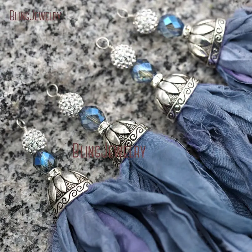 Cerulean Sari подвеска с шёлковой кисточкой защитной крышкой и синим кристаллом Aura