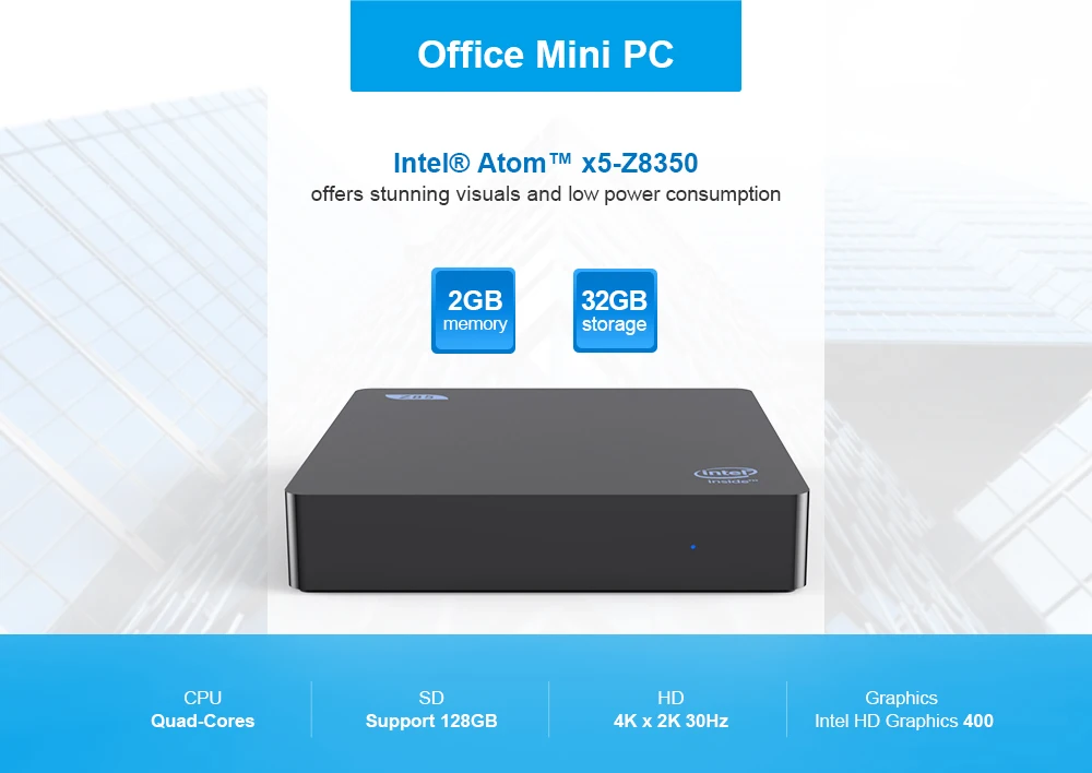 Z85 процессор atom Z8350 офисный компьютер 2G 64gb1000M lan 4 usb порта HD graphics 400 HD VGA двойной дисплей подлинный windows10 Мини ПК