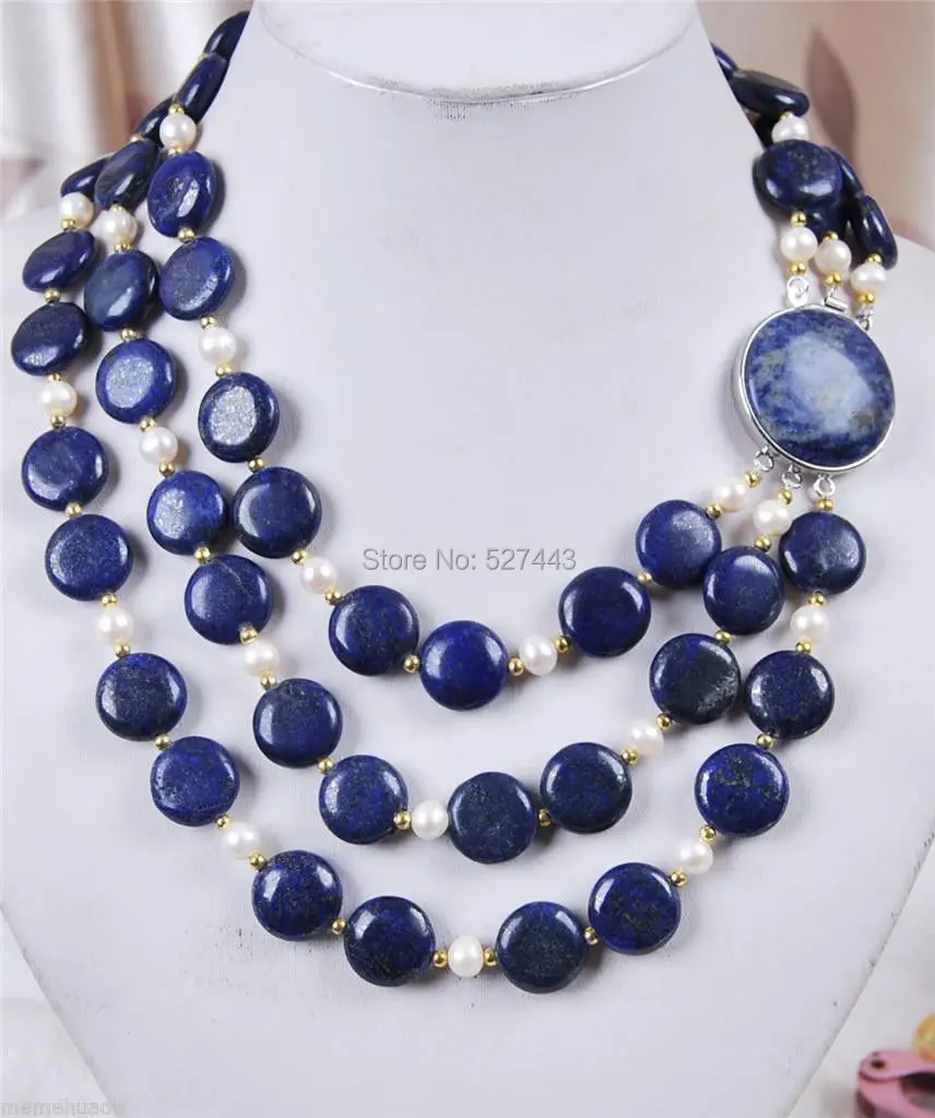 

Wholesale hot sale Natural 3Rows White Akoya Cultured Pearl & Coin Lapis Lazuli Necklace 18-20"