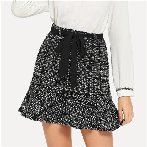 Black and White Dotfashion черно-белая твидовая юбка с поясом и воланом, женская элегантная облегающая юбка, новинка, трапециевидная короткая юбка с высокой талией - Цвет: Black and White