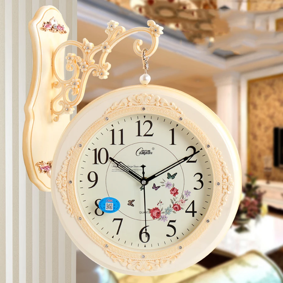 

European Retro Creative Home Wall Clock Fashion Pastoral Double-sided Hanging Decoration Living Room Silent Needle Quartz5K593
