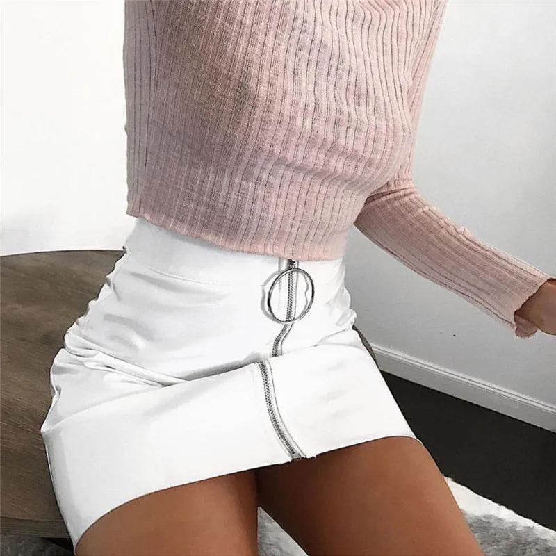 

Sexy Women Fashion High Waist Zip Faux Leather Short Pencil Bodycon Mini Skirt 2017 New Solid White Skirt