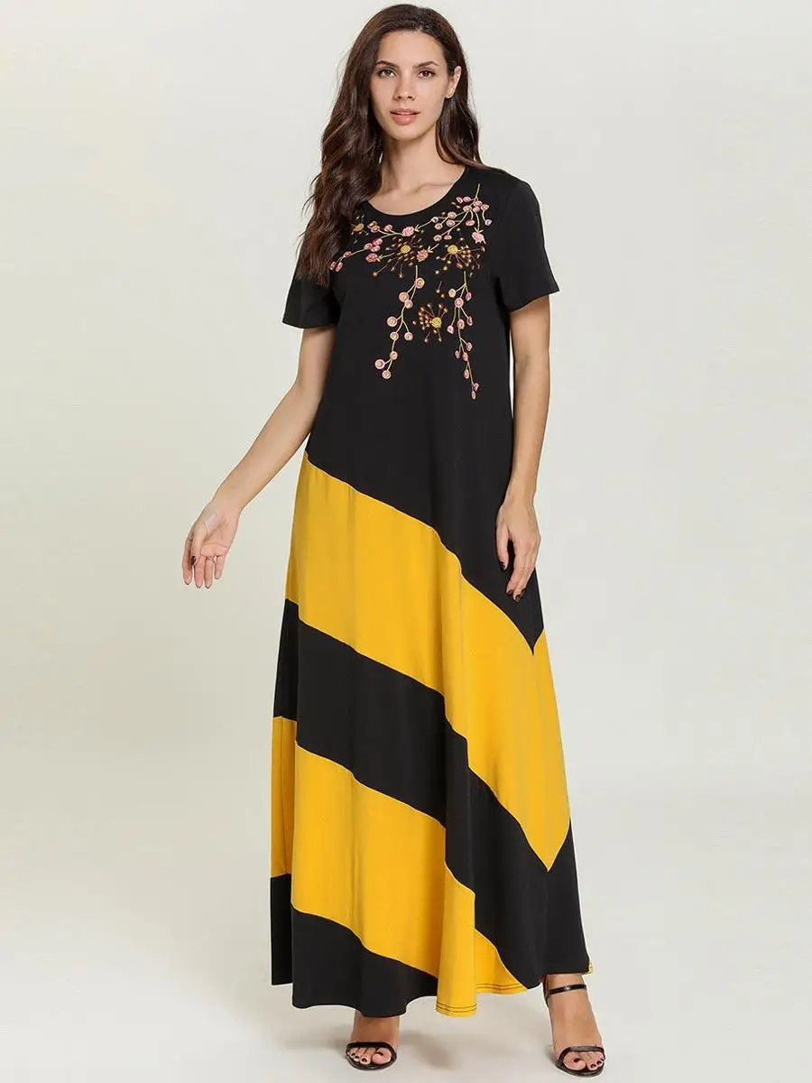 Летнее женское мусульманское этническое платье с коротким рукавом длинное